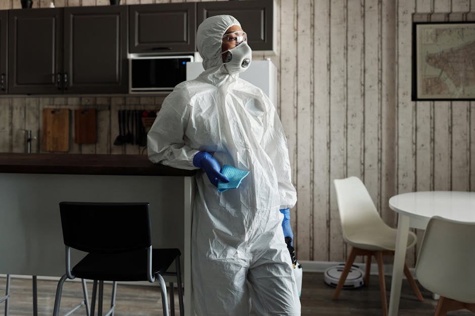 A person wearing full protective cleaning gear, including a white hazmat suit, gloves, a respirator mask, and goggles, standing in a modern kitchen with wooden paneling on the walls. They are holding a cleaning cloth and a spray bottle, preparing for deep cleaning or sanitisation of the kitchen surfaces. The kitchen features a dark countertop, white dining table with white chairs, and stainless steel appliances, including a microwave, visible in the background. The room is well-lit, showcasing the pristine, dust-free, and polished state of the surfaces, reflecting thorough surface and hygiene cleaning by Oven Cleaning Merton in line with domestic cleaning standards.