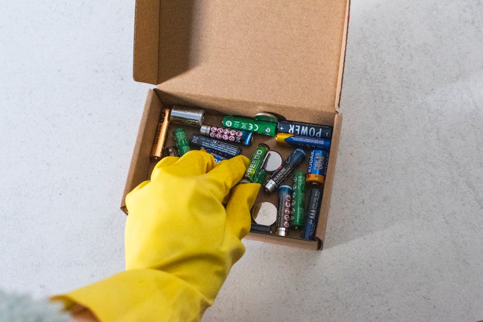 A hand wearing a yellow rubber glove reaches into an open cardboard box containing various batteries of different sizes and types, including AA and AAA, on a light-colored surface. The box is set against a neutral background, and the batteries appear to be for disposal or recycling. This scene reflects the importance of proper waste segregation and safe disposal practices in accordance with Merton Council oven waste rules, as part of domestic cleaning and waste management, in line with the guidelines highlighted on page 'Merton Council oven waste rules: safe disposal in CR4, Merton' and supported by Oven Cleaning Merton's professional cleaning services.